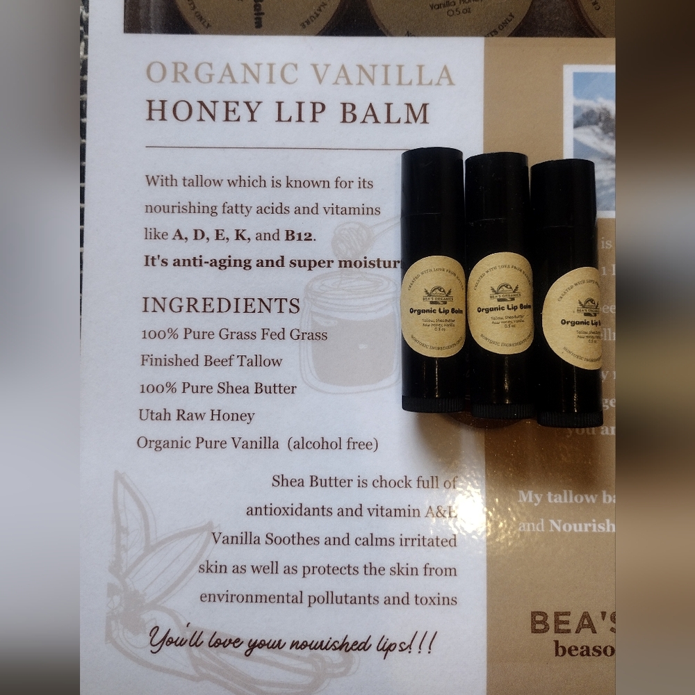 3 Pack / Organic Tallow Lip Balm with Raw Honey, Vanilla and Shea Butter - Picture 2 of 3